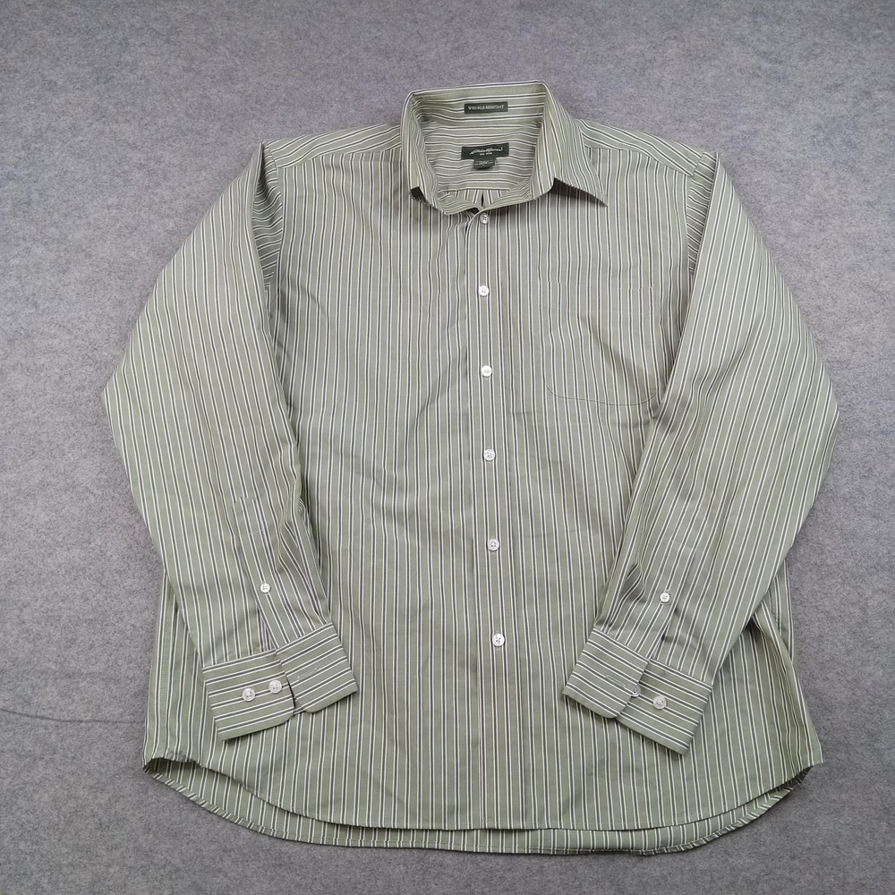 Eddie Bauer Shirt Mens Large Green Stripe Wrinkle Resistant Button Long Sleeve